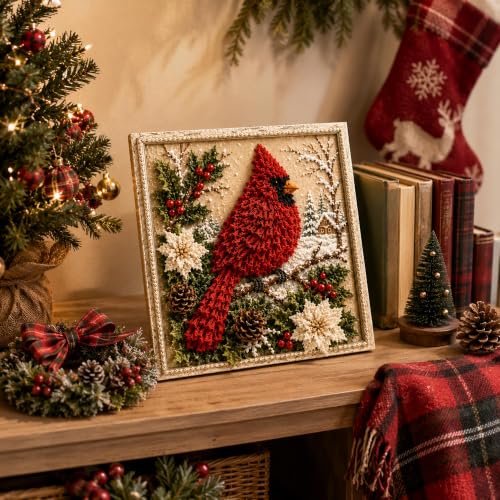 3D Christmas Fabric Poke Art Kit with Frame, Craft Fabric Punch Needle Kit | 3d Christmas Fabric Poke Art Kit with Frame, No-Sew Craft Fabric Poke Art for Adults Santa Punch Needle Kits Home Decor