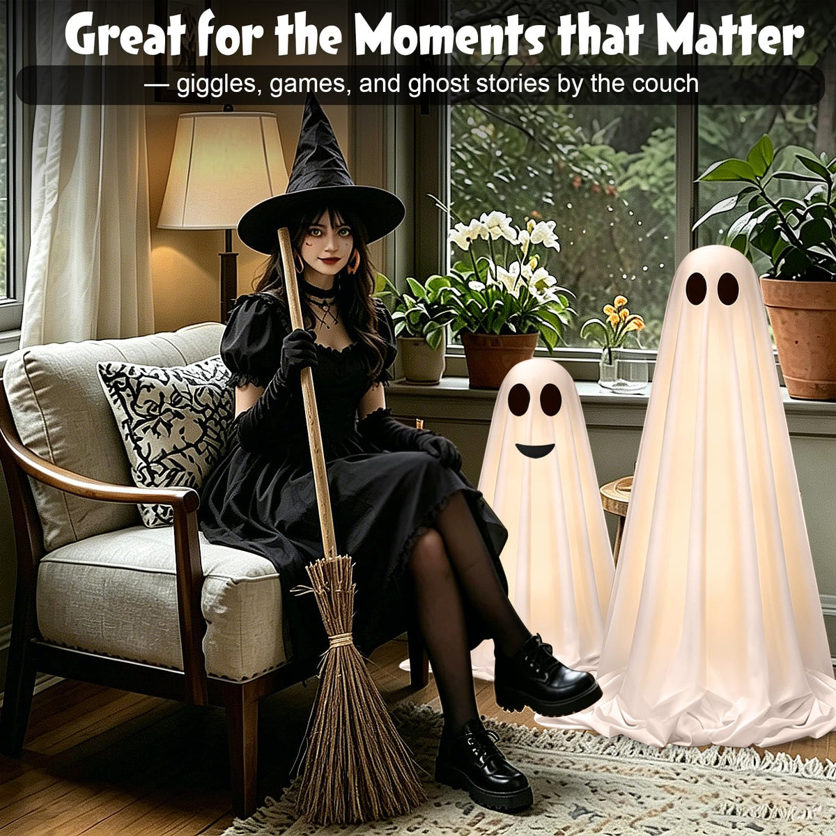 2 Pack 5 Ft Halloween Decorations Outdoor - Light Up Ghost Decor | Spooky DIY Standing Decor Set with Small Accessories, 8 light modes with timer for Front Yards, Gardens, Lawn and Party