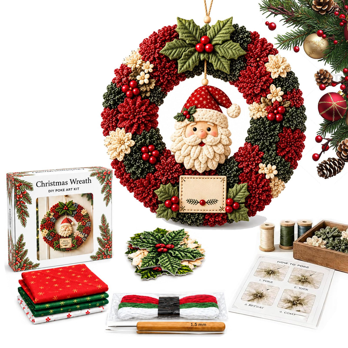 3D Fabric Poke Wreath DIY Kit for Adults, Christmas Santa No-Sew Craft | Beginner-Friendly No-Sew 3D Fabric Poke Art Kit, Festive Santa Wreath for Door Wall Window Home Christmas Decor