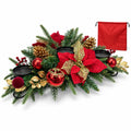 30" Christmas Table Centerpiece Iron Candle Holder with 3 Holders | Red Poinsettias, Gold Pinecones, Berries & Ornaments, Foldable Metal Frame with Storage Bag for Tabletop & Mantel Holiday Dec