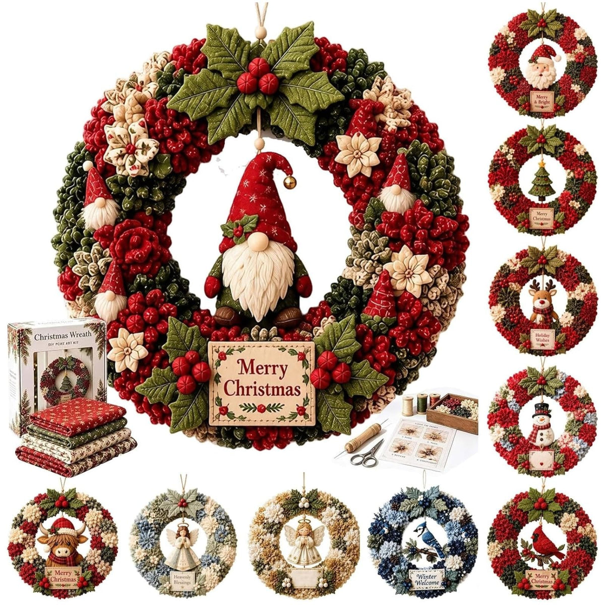3D Fabric Poke Wreath DIY Kit Christmas Wreath No Sew Craft (13- Gnome) | Creative Poke Art Kits for Adults as a Gift or for Cozy Family Craft Time