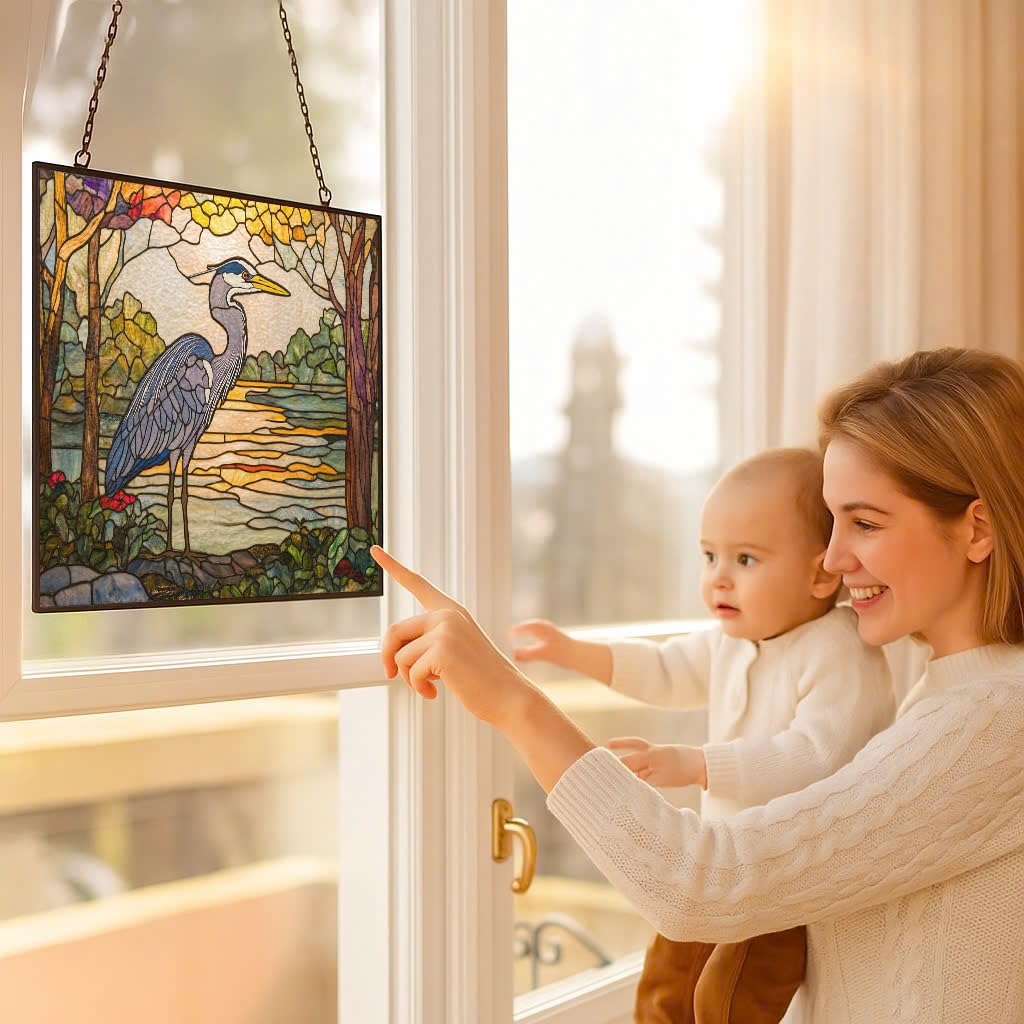 365CUSGIFTS Customized Rectangle Botanical Blue Heron Stained Glass Suncatcher Window Hangings, Suncatchers Glass Panel Sun Catchers Gifts Home Decor Garden Christmas Halloween Wedding