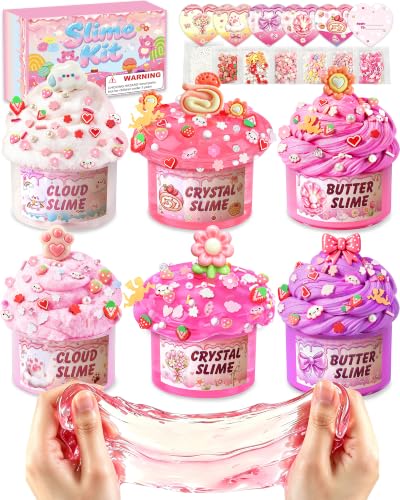 6 Pack Pink Slime Kit Toys for Girls, Butter Cloud Slime Birthday Gifts | Slime Kit for Girls, Kid Girl Toy, 4-12 Girl Birthday Gift, Slime Charms, Teen Cute Stuff, Kids Party Favor, Stocking Stuffer