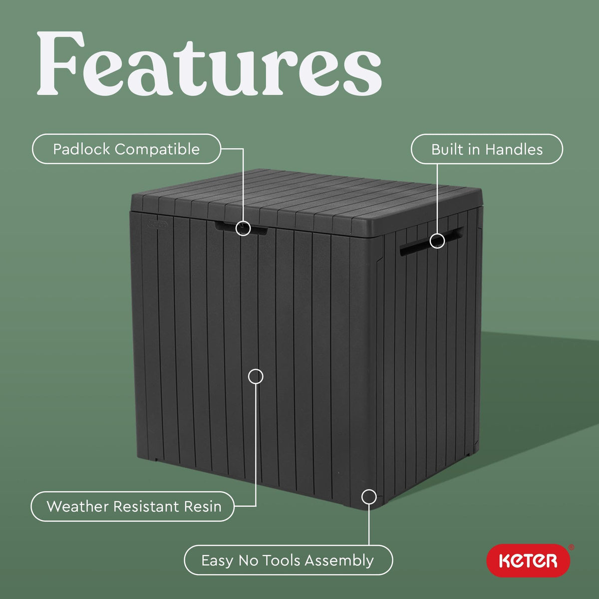 Keter City 30 Gal Outdoor Storage Box and Patio Side Table | Grey, Resin, Compact, Waterproof, Lockable, Easy Assembly, Organization, Pool Accessories Storage