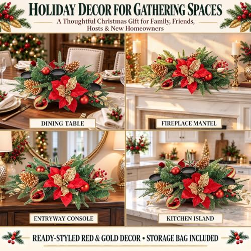 30" Christmas Table Centerpiece Iron Candle Holder with 3 Holders | Red Poinsettias, Gold Pinecones, Berries & Ornaments, Foldable Metal Frame with Storage Bag for Tabletop & Mantel Holiday Dec