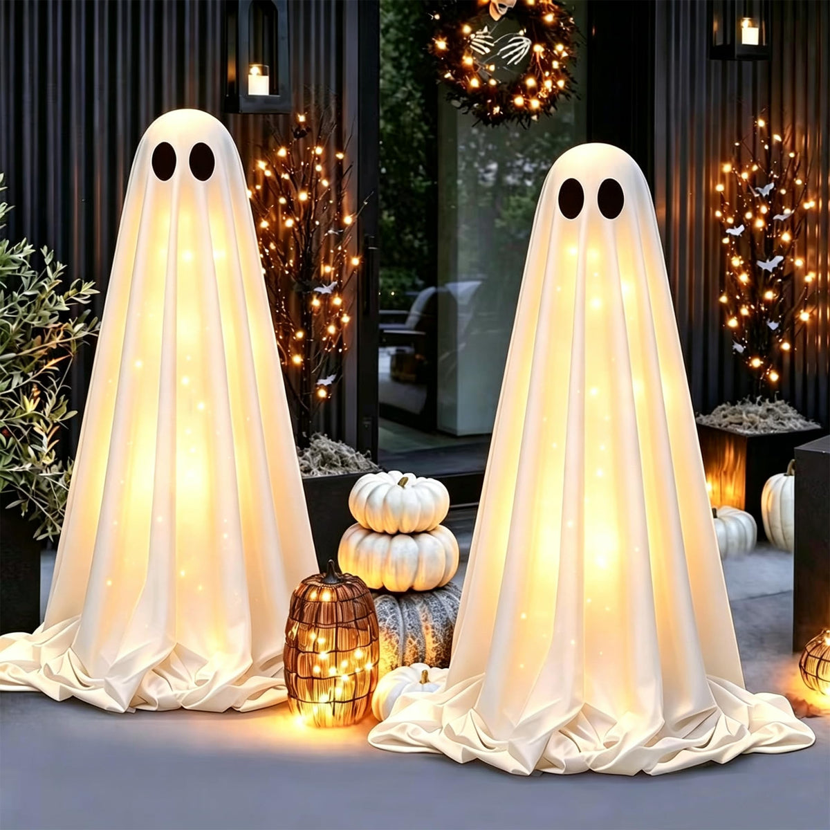2 Pack 5 Ft Halloween Decorations Outdoor - Light Up Ghost Decor | Spooky DIY Standing Decor Set with Small Accessories, 8 light modes with timer for Front Yards, Gardens, Lawn and Party