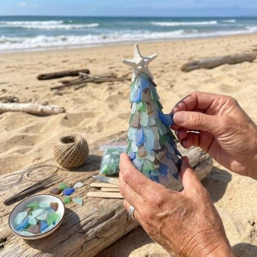 2027 DIY Sea Glass Christmas Tree Craft Kit | Handmade Mini Desk Xmas Bead Art, 15 cm Sea Glass Christmas Tree Making Kit, Holiday Tabletop Decoration
