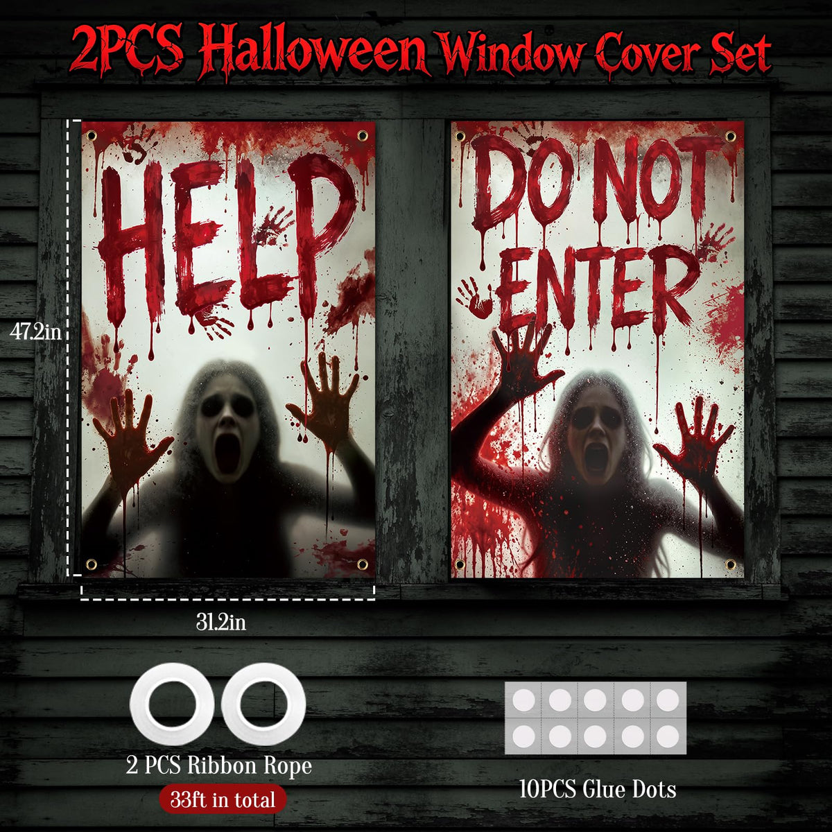 2PCS Halloween Window Cover, 47.2 x 31.5 Inch Bloody Haunted House Decor | Halloween Window Decorations for Outdoor Door Curtains Horror Theme Party with Scary Ghost
