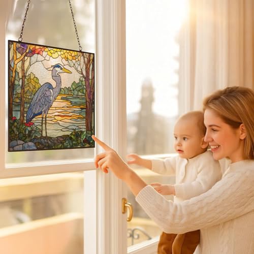 365CUSGIFTS Customized Rectangle Botanical Blue Heron Stained Glass Suncatcher Window Hangings, Suncatchers Glass Panel Sun Catchers Gifts Home Decor Garden Christmas Halloween Wedding