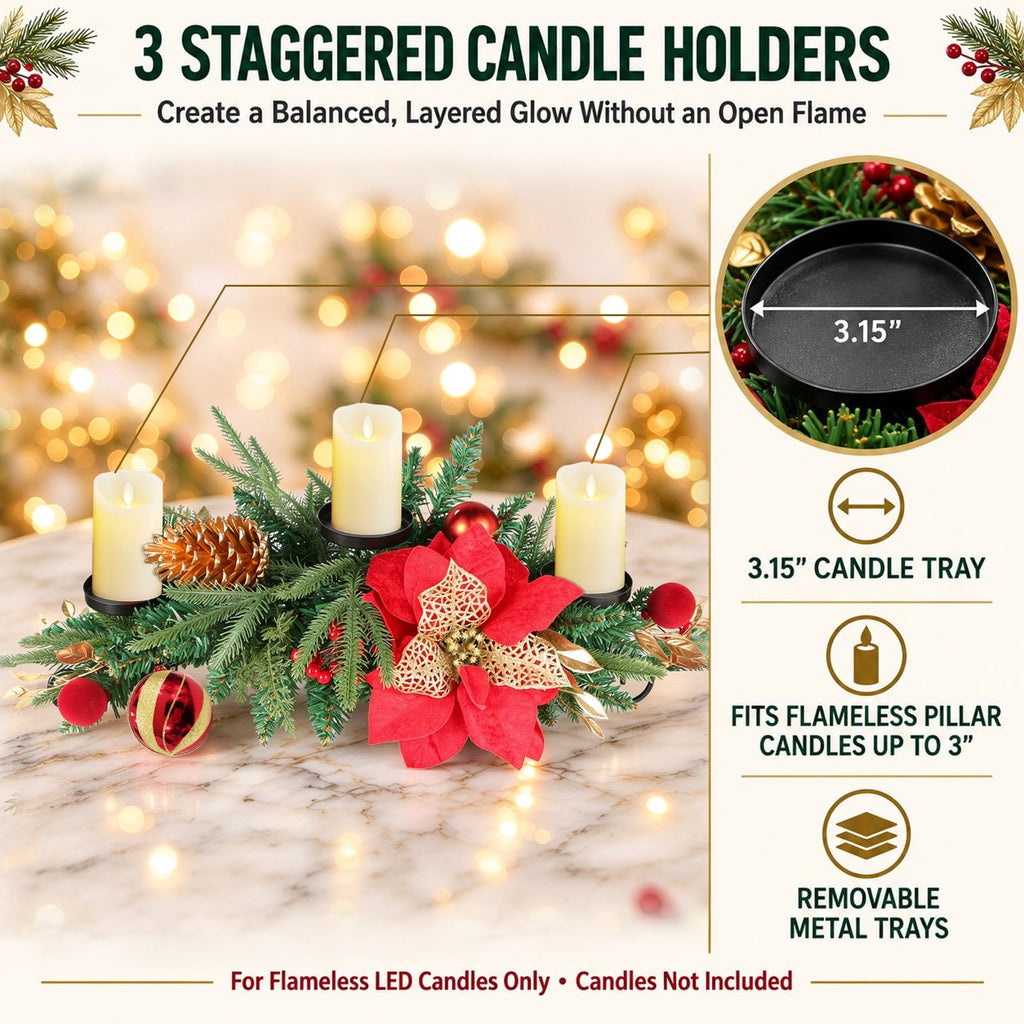 30" Christmas Table Centerpiece Iron Candle Holder with 3 Holders | Red Poinsettias, Gold Pinecones, Berries & Ornaments, Foldable Metal Frame with Storage Bag for Tabletop & Mantel Holiday Dec
