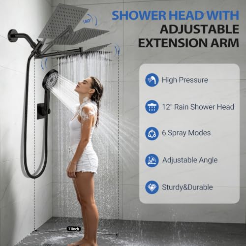 Shower Head, 8 inch Multifunction High Pressure Rain Shower Head with Handheld Spray Combo with 11'' Angle Adjustable Extension Arm/Flow Regulator/Shower System Matte Black