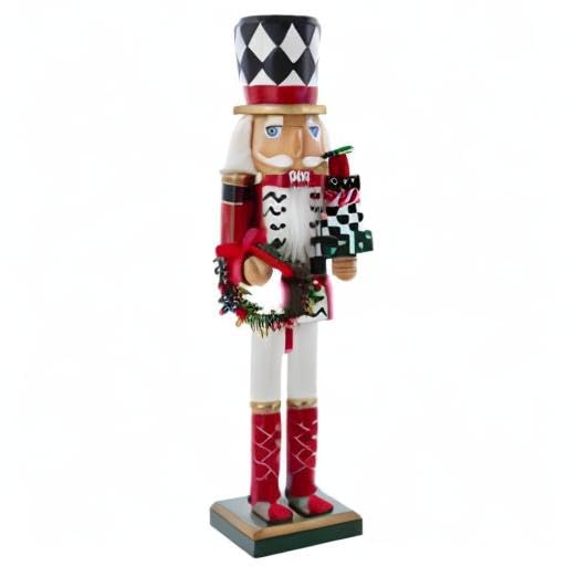 15-Inch Red, White and Black Nutcracker with Gift Box and Wreath