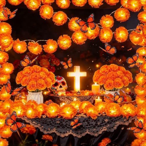 73 Pcs Day of The Dead Decor, Dia De Los Muertos Decorations Ofrenda Set | 10 Ft 20 LED Marigold Garland, 30 Marigold Flowers with 30 Stems, 12 Butterfly for Diwali Indian Altar Halloween Party