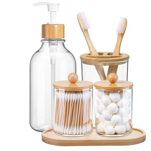 5 Pack Bamboo Bathroom Accessories Set with Tray - Plastic Soap Dispenser Clear Toothbrush Holder and 2 Qtip Holder Cotton Ball Container Jar