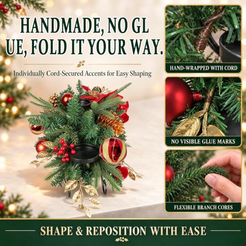 30" Christmas Table Centerpiece Iron Candle Holder with 3 Holders | Red Poinsettias, Gold Pinecones, Berries & Ornaments, Foldable Metal Frame with Storage Bag for Tabletop & Mantel Holiday Dec