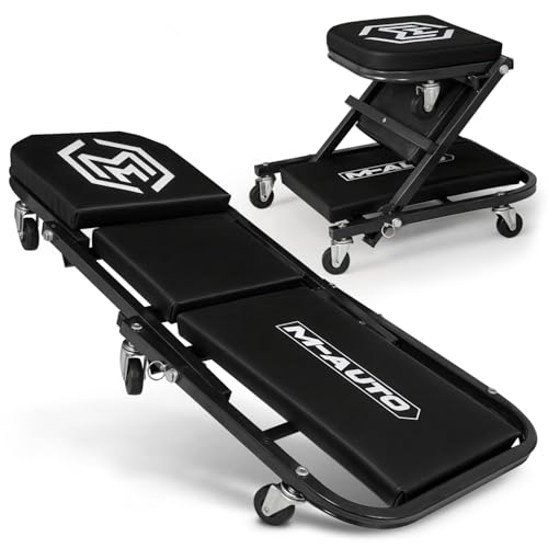 M-AUTO Foldable Z Creeper 2-in-1 Rolling Folding Car Creeper & Seat, 36" Adjustable Roller Garage Chair Lay Down or Sit, 330LBS Capacity Under Car Roller Creeper with 6 Swivel Casters, Black