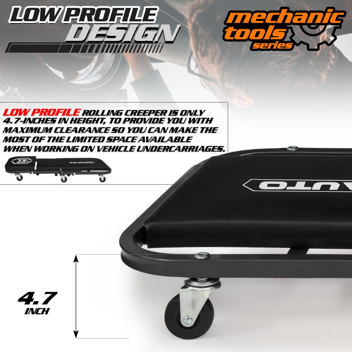 M-AUTO Foldable Z Creeper 2-in-1 Rolling Folding Car Creeper & Seat, 36" Adjustable Roller Garage Chair Lay Down or Sit, 330LBS Capacity Under Car Roller Creeper with 6 Swivel Casters, Black