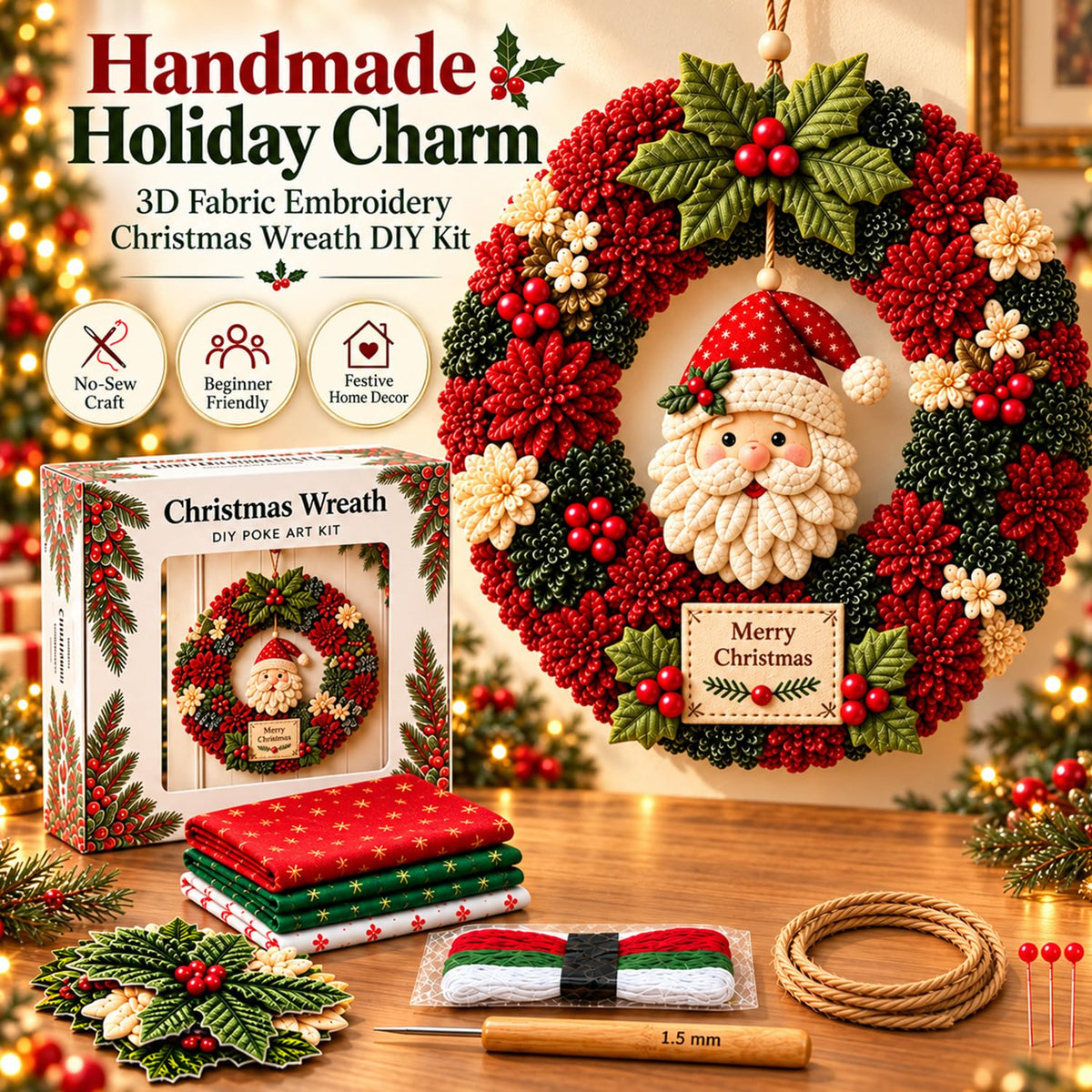 3D Fabric Poke Wreath DIY Kit for Adults, Christmas Santa No-Sew Craft | Beginner-Friendly No-Sew 3D Fabric Poke Art Kit, Festive Santa Wreath for Door Wall Window Home Christmas Decor