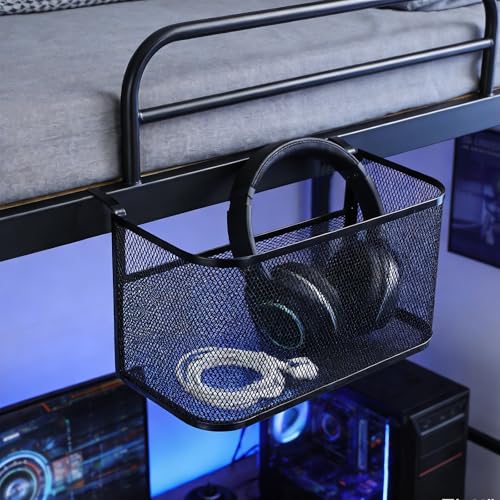 Bedside Hanging Storage Basket, Metal Bunk Bed Organizer with Cup Holder | Black Iron Frame, Hook Design, Multiple Compartments, Keeps Magazines, Phones, Drinks and Remotes within Reach