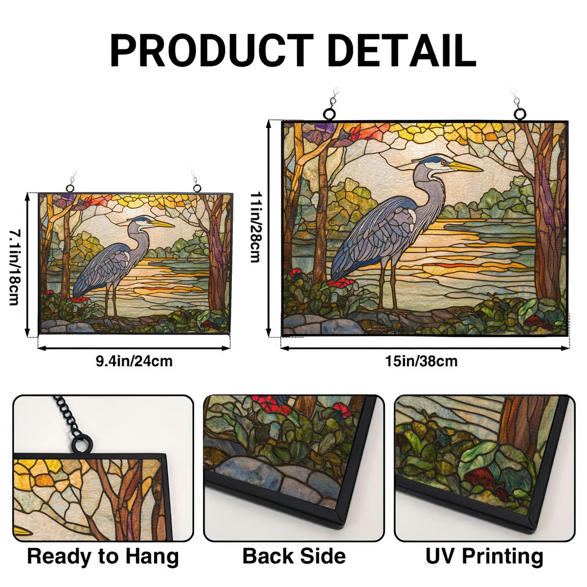 365CUSGIFTS Customized Rectangle Botanical Blue Heron Stained Glass Suncatcher Window Hangings, Suncatchers Glass Panel Sun Catchers Gifts Home Decor Garden Christmas Halloween Wedding