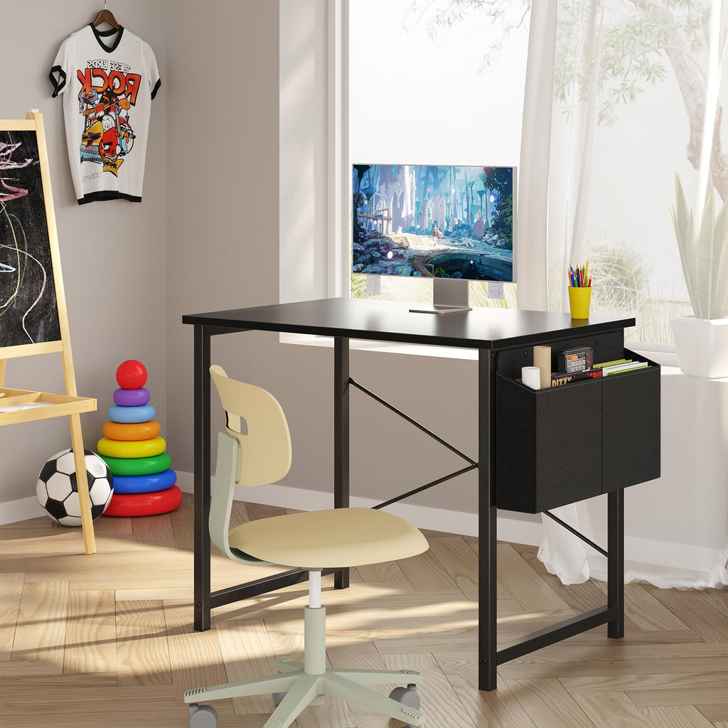 Sweetcrispy Small Computer Desk, 31 Inch Home Office Desks, Writing Study Craft Work Gaming Table, Computer Workstation for Small Spaces with Storage Bag for Bedroom, Black