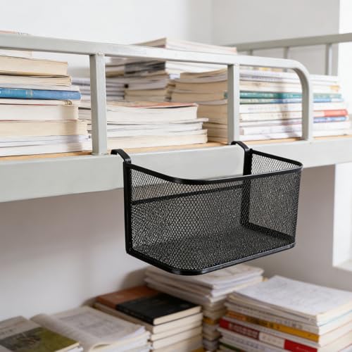 Bedside Hanging Storage Basket, Metal Bunk Bed Organizer with Cup Holder | Black Iron Frame, Hook Design, Multiple Compartments, Keeps Magazines, Phones, Drinks and Remotes within Reach