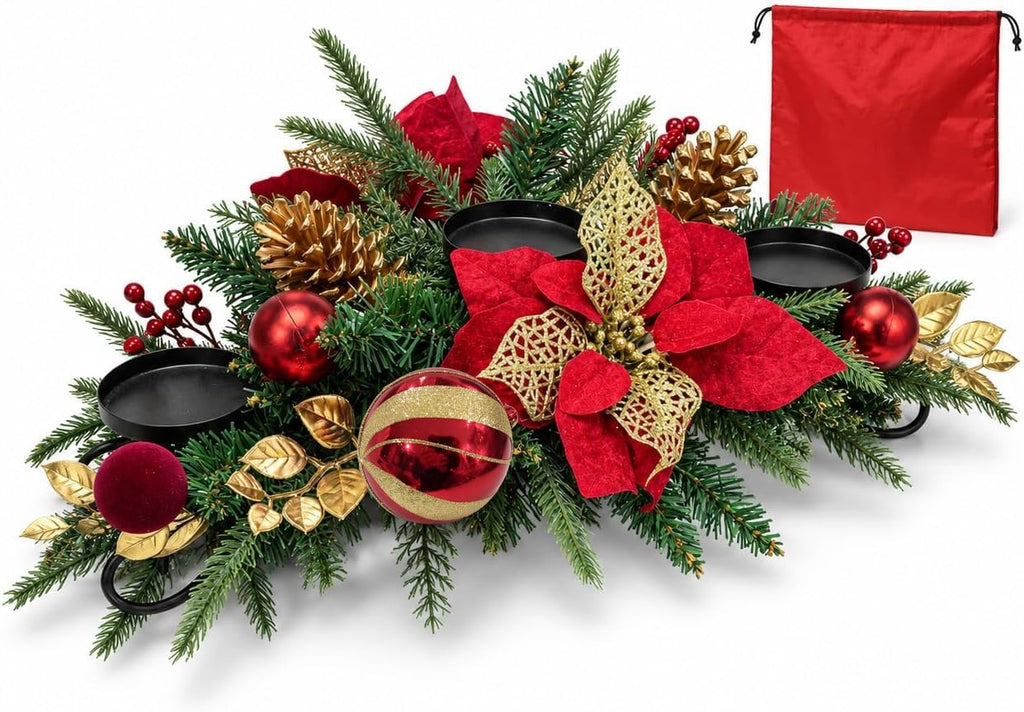 30" Christmas Table Centerpiece Iron Candle Holder with 3 Holders | Red Poinsettias, Gold Pinecones, Berries & Ornaments, Foldable Metal Frame with Storage Bag for Tabletop & Mantel Holiday Dec