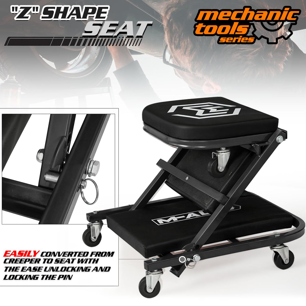 M-AUTO Foldable Z Creeper 2-in-1 Rolling Folding Car Creeper & Seat, 36" Adjustable Roller Garage Chair Lay Down or Sit, 330LBS Capacity Under Car Roller Creeper with 6 Swivel Casters, Black