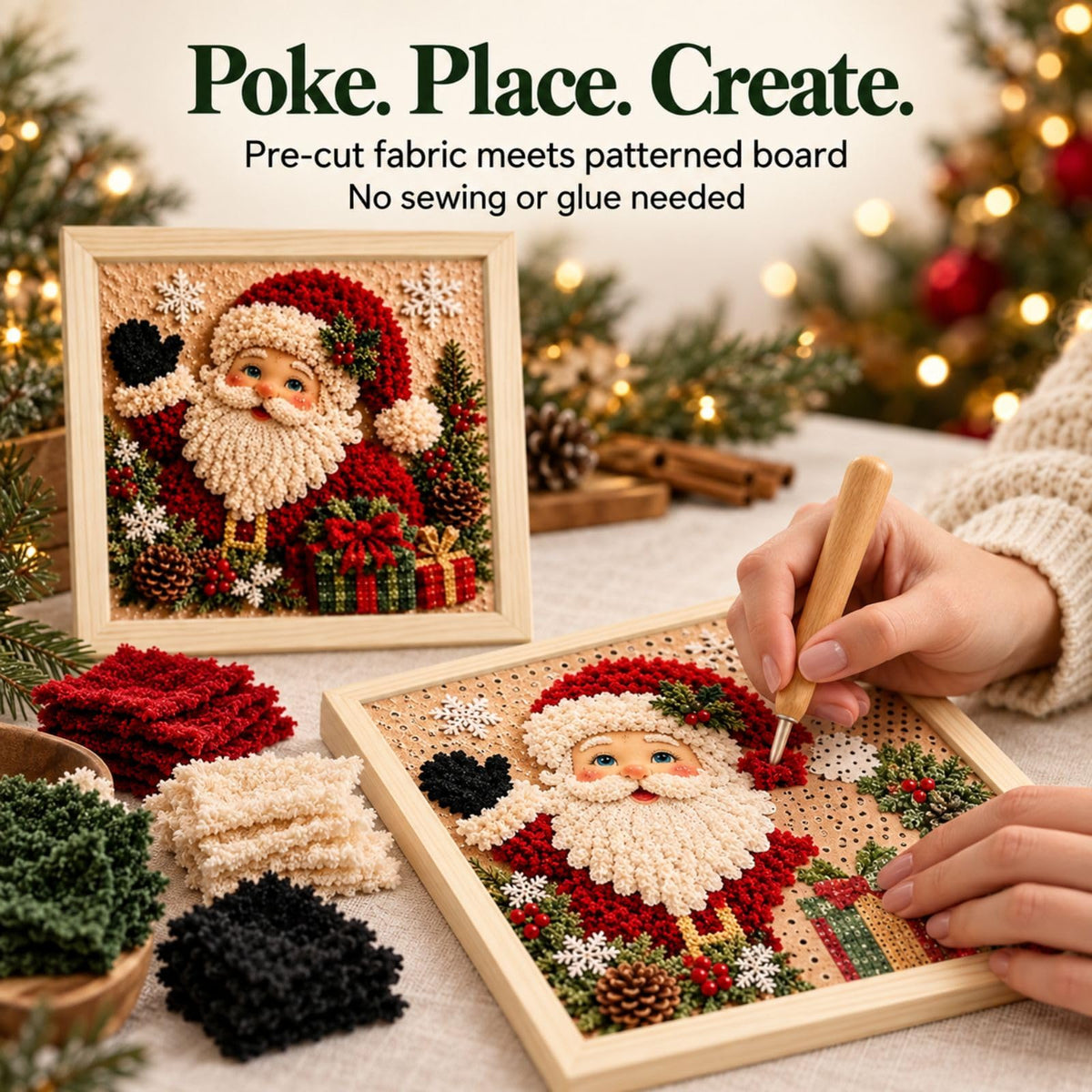 3D Christmas Fabric Poke DIY Art Kit for Adults & Beginners with Fram | Craft Fabric Punch Needle Kit for Mantel Shelf Tabletop Indoor Home Xmas Decor, Thoughtful Handmade Gifting