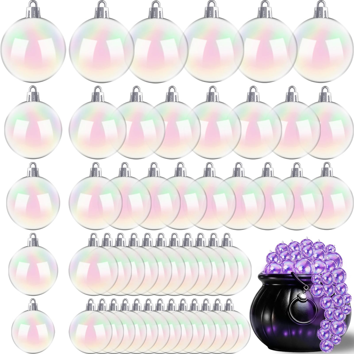 50 PCS Halloween Plastic Iridescent Ball Decoration(5 Different Sizes) | Clear Bubbles Ornaments for Witch Pot,Christmas DIY Hanging Rainbow Ball,Wedding Party Birthday Home Decor